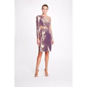 MARCHESA NOTTE One-Sleeve Lame Dress  Corset Bodice Women Purple‎ Gold  6